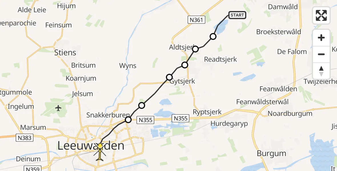 Routekaart van de vlucht: Ambulanceheli naar Leeuwarden