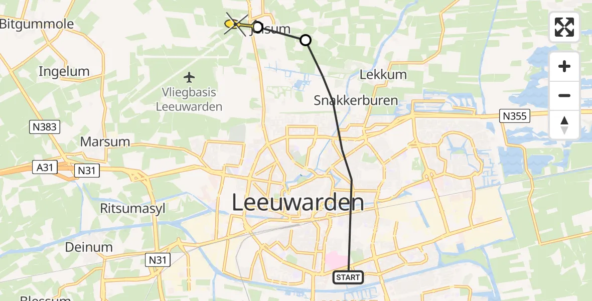 Vluchtroute Ambulancehelikopter van Leeuwarden naar Vliegbasis Leeuwarden