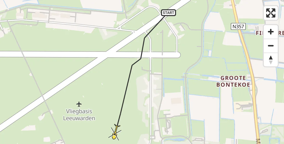 Vluchtroute Ambulancehelikopter van Vliegbasis Leeuwarden naar Vliegbasis Leeuwarden
