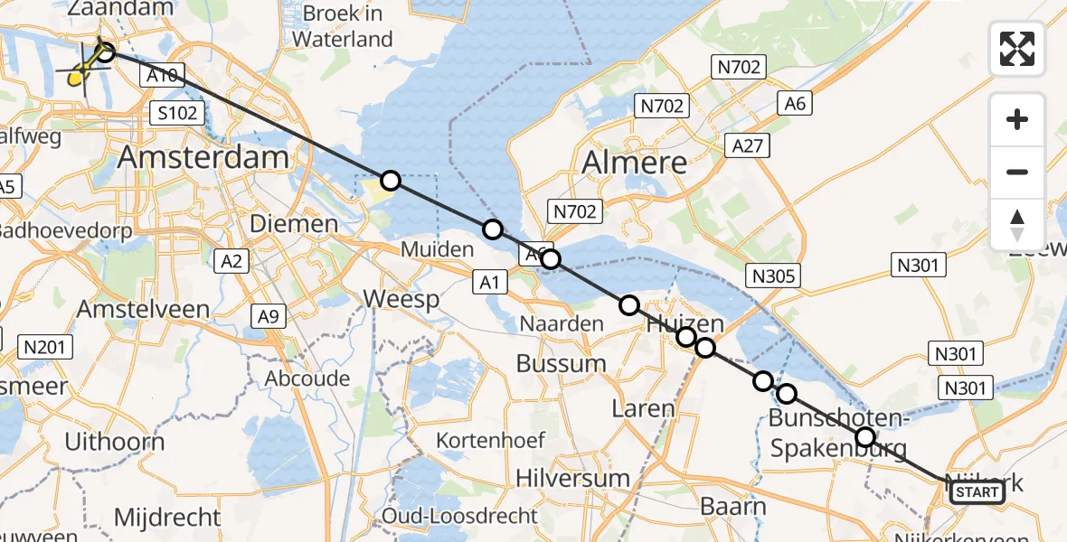 Routekaart van de vlucht: Lifeliner 1 naar Amsterdam Heliport