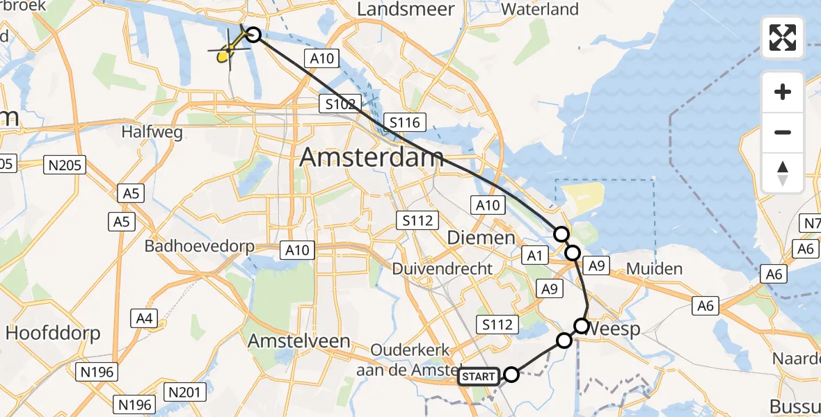 Routekaart van de vlucht: Lifeliner 1 naar Amsterdam Heliport