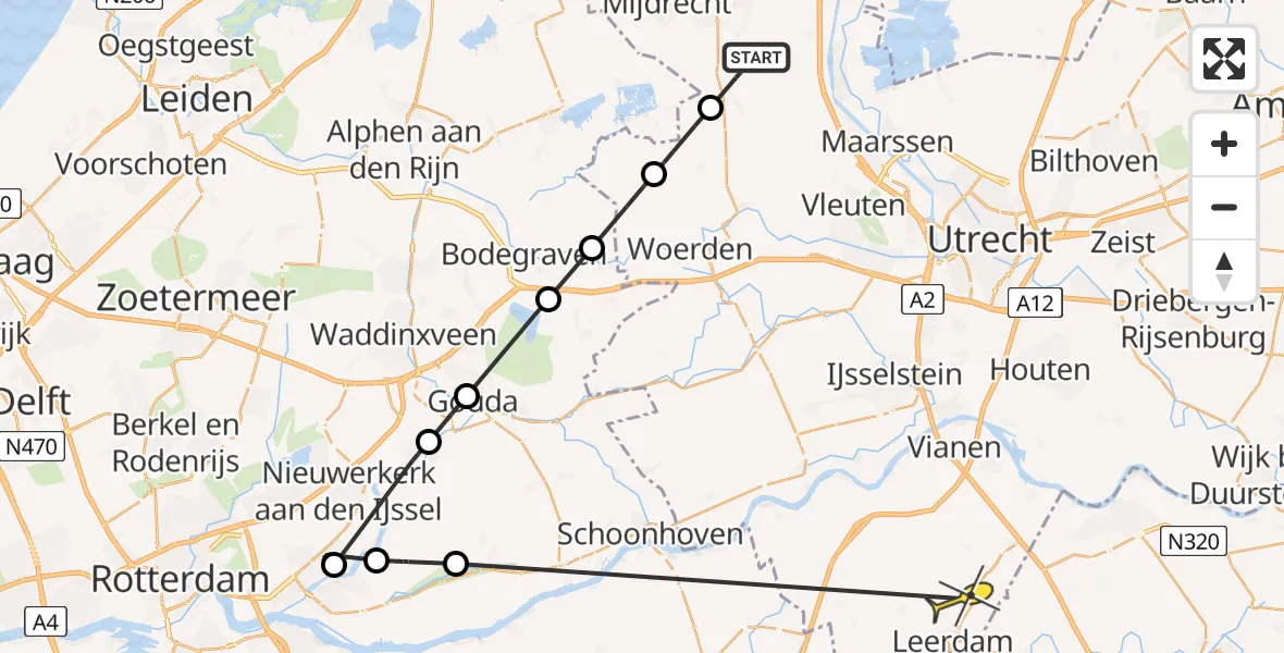 Routekaart van de vlucht: Politieheli naar Leerdam