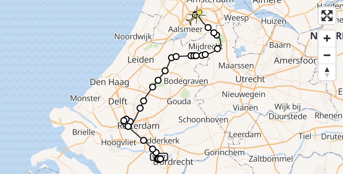 Routekaart van de vlucht: Politieheli naar Schiphol