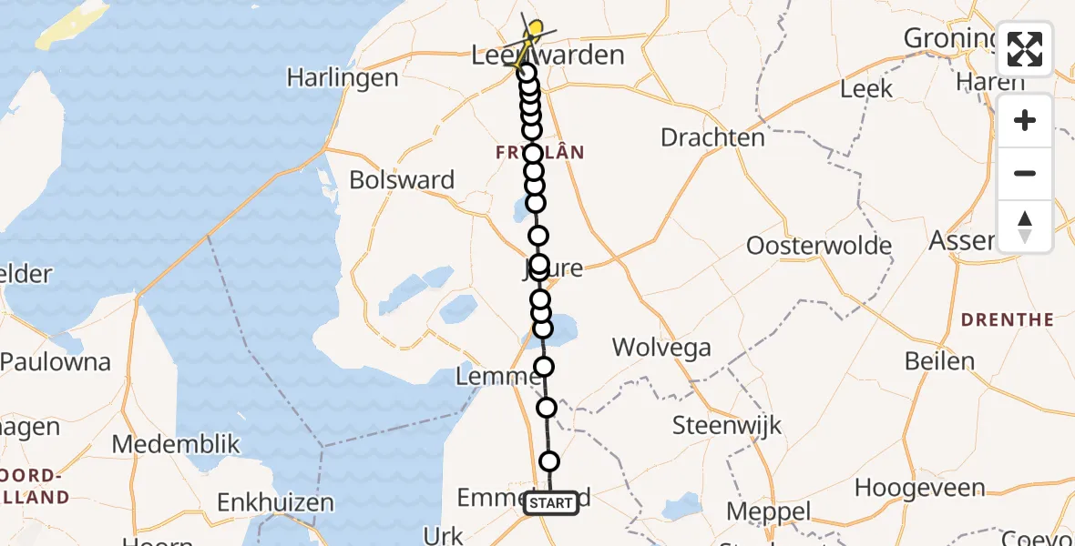 Routekaart van de vlucht: Ambulancehelikopter naar Leeuwarden