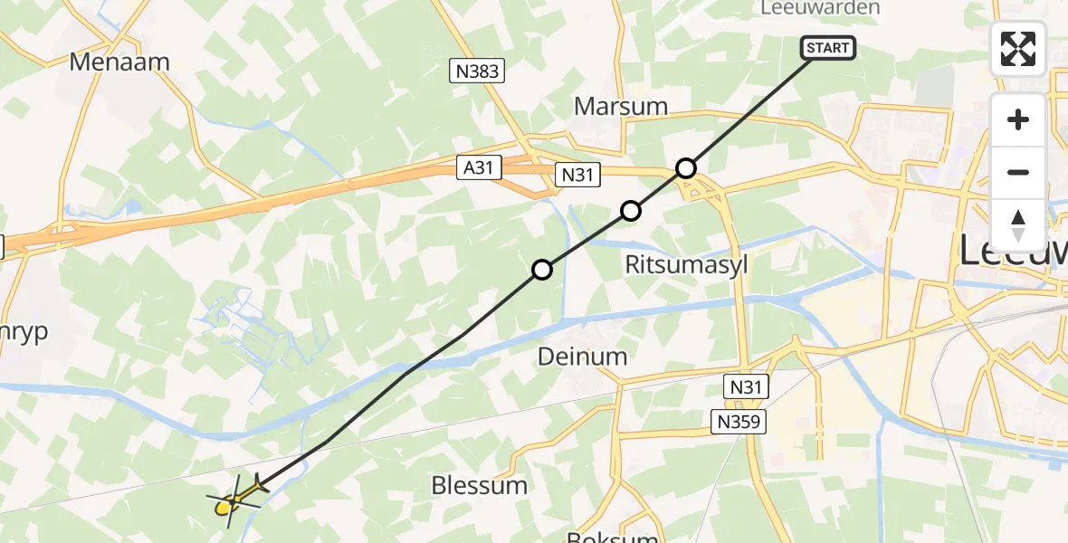 Routekaart van de vlucht: Ambulancehelikopter naar Dronryp
