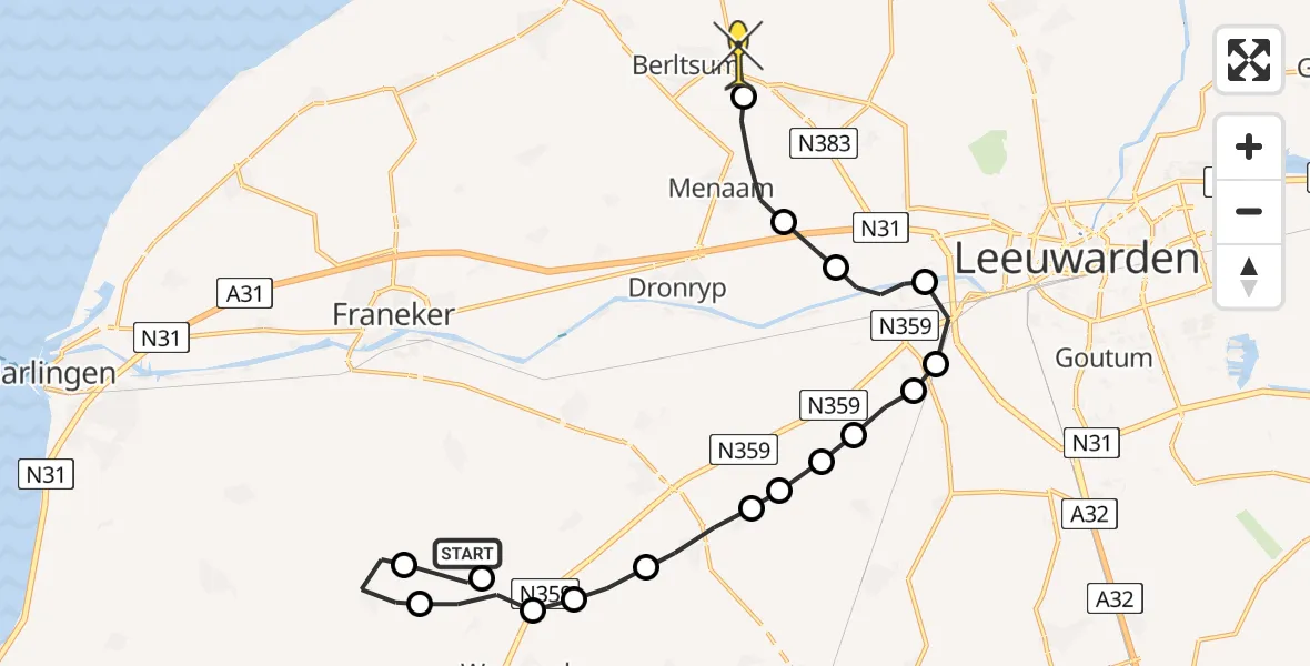 Routekaart van de vlucht: Ambulancehelikopter naar St.-Annaparochie