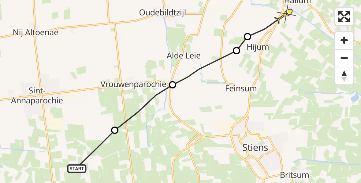 Routekaart van de vlucht: Ambulanceheli naar Hallum