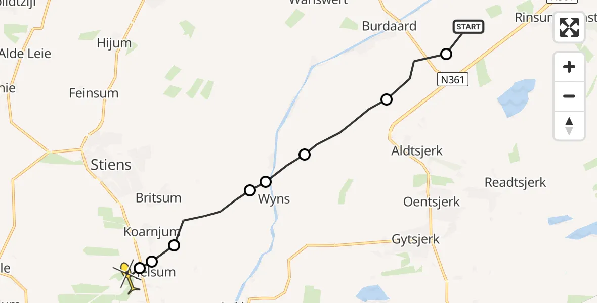 Routekaart van de vlucht: Ambulancehelikopter naar Vliegbasis Leeuwarden