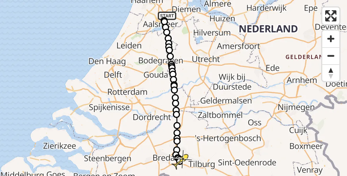 Routekaart van de vlucht: Politiehelikopter naar Vliegbasis Gilze-Rijen