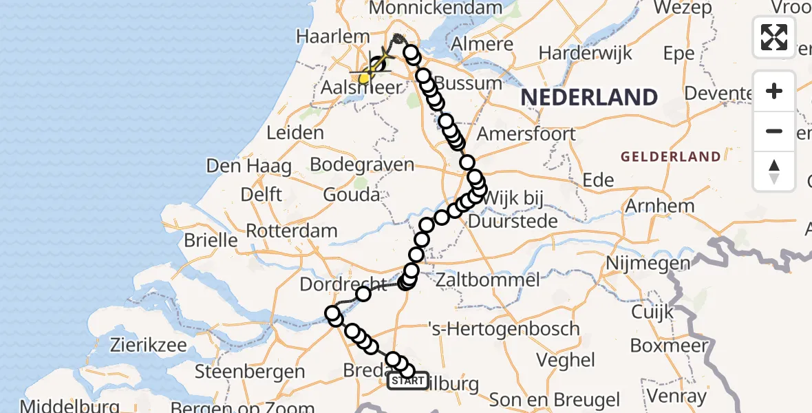 Routekaart van de vlucht: Politieheli naar Schiphol