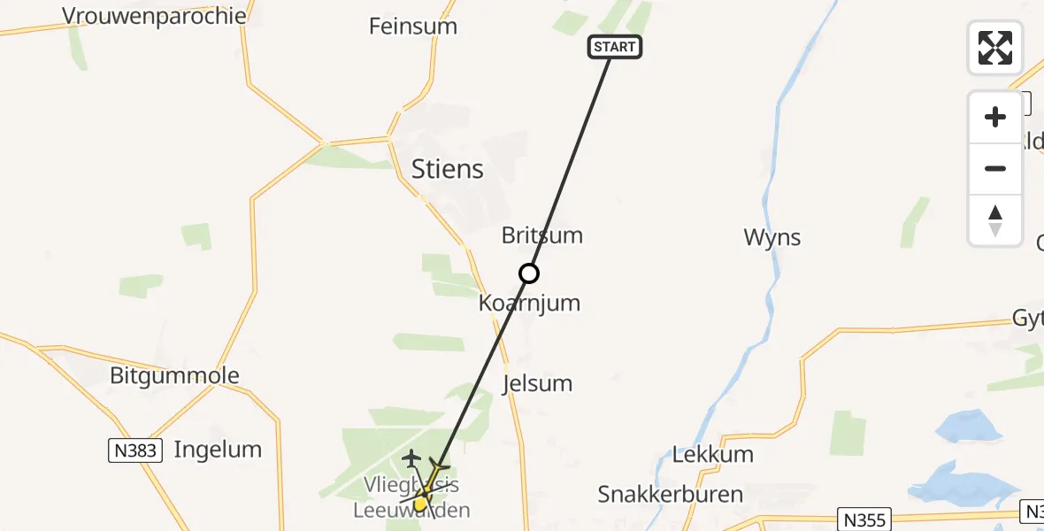 Routekaart van de vlucht: Ambulancehelikopter naar Vliegbasis Leeuwarden