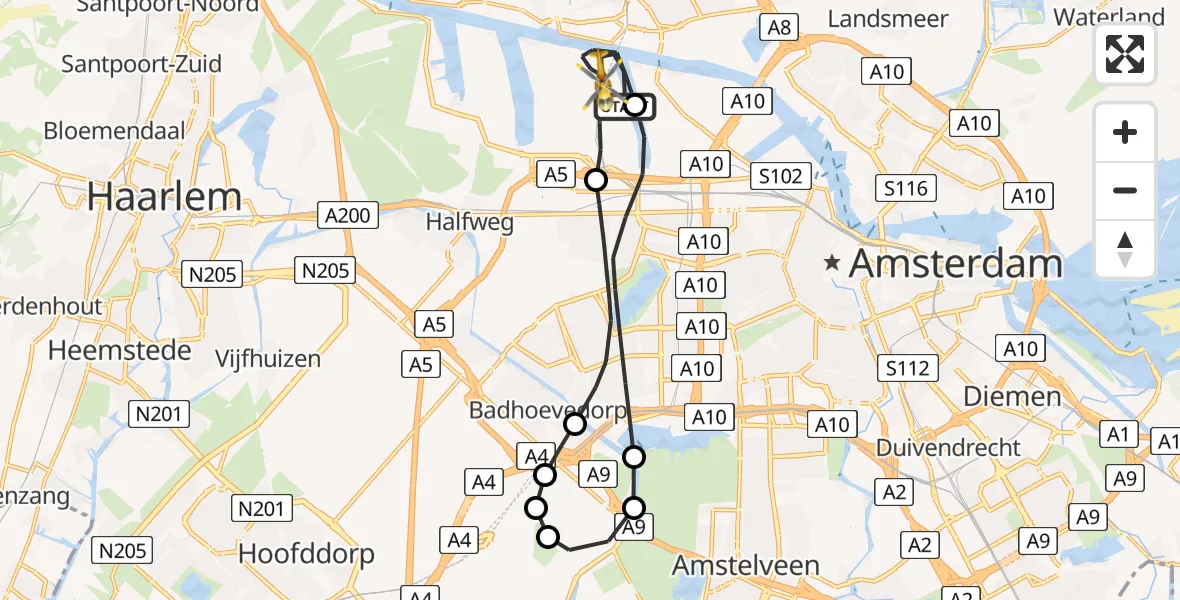 Vluchtroute Traumahelikopter Amsterdam Heliport - Amsterdam Heliport, 09 december 2023, 07:36