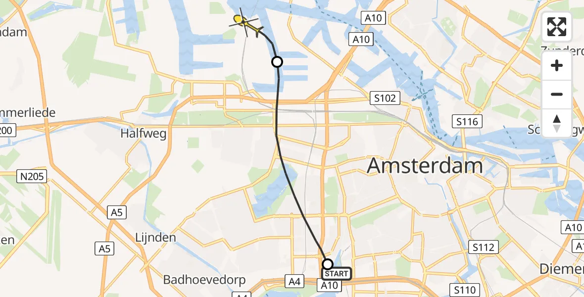 Routekaart van de vlucht: Lifeliner 1 naar Amsterdam Heliport