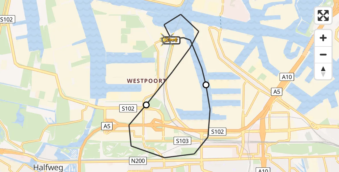 Vluchtroute Traumahelikopter Amsterdam Heliport - Amsterdam Heliport, 10 december 2023, 06:05
