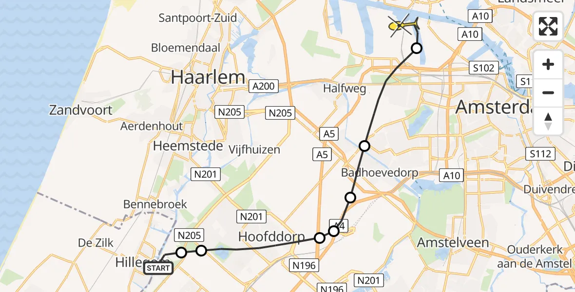 Routekaart van de vlucht: Lifeliner 1 naar Amsterdam Heliport