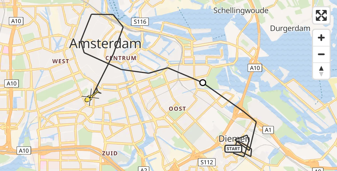 Routekaart van de vlucht: Politieheli naar Amsterdam