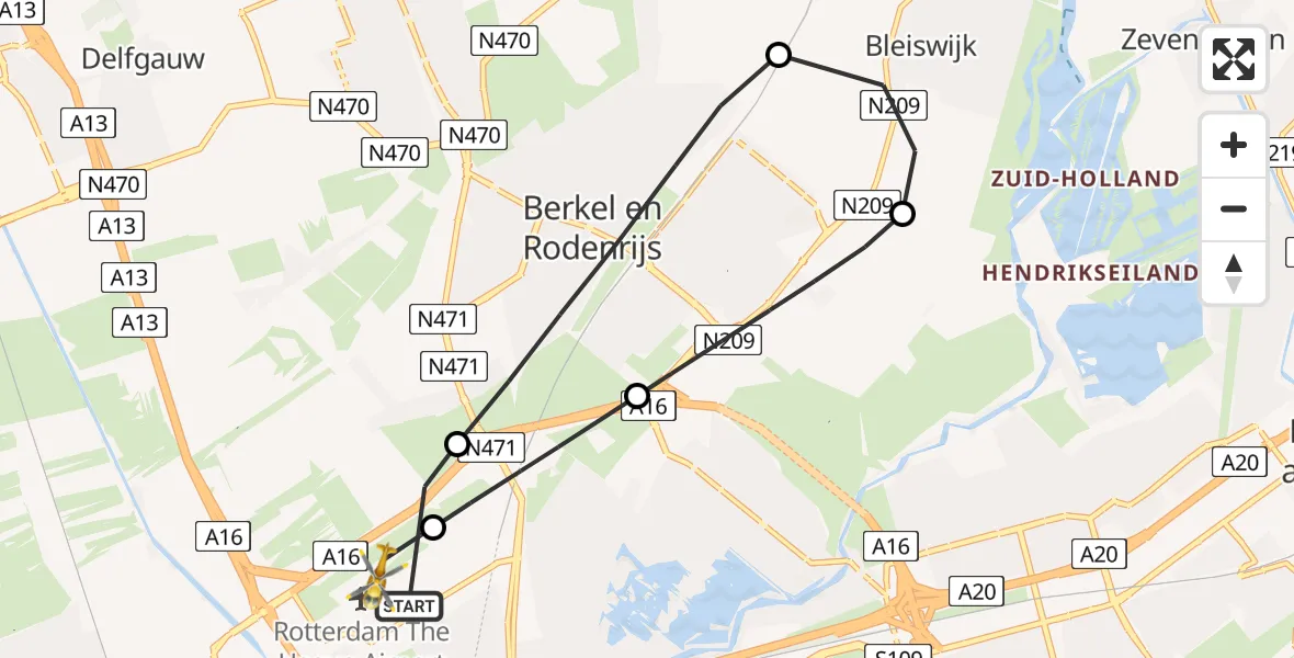 Vluchtroute Traumahelikopter Rotterdam The Hague Airport - Rotterdam The Hague Airport, 11 december 2023, 07:04