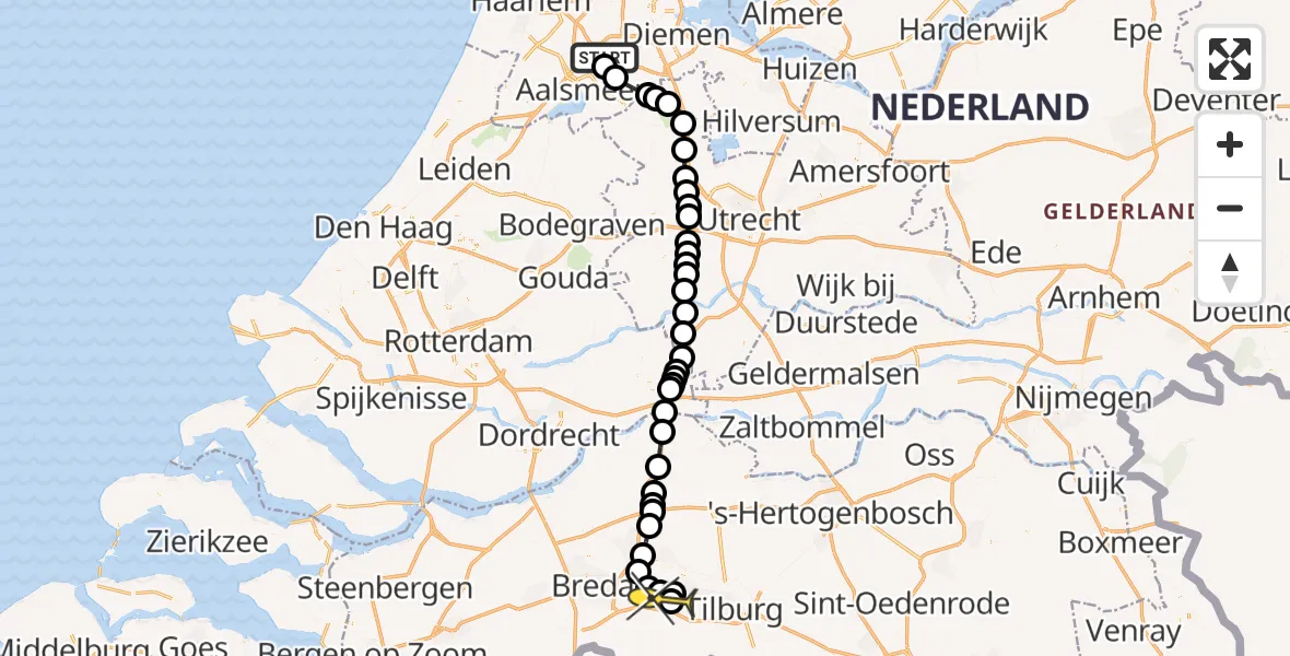 Vluchtroute Politiehelikopter van Schiphol naar Vliegbasis Gilze-Rijen