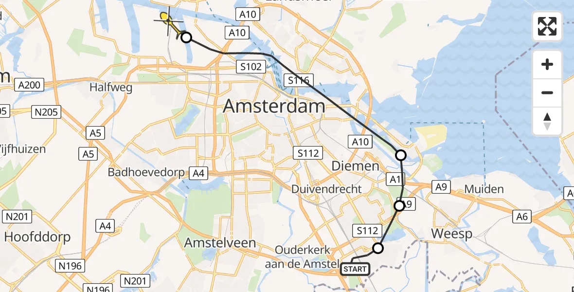 Routekaart van de vlucht: Lifeliner 1 naar Amsterdam Heliport