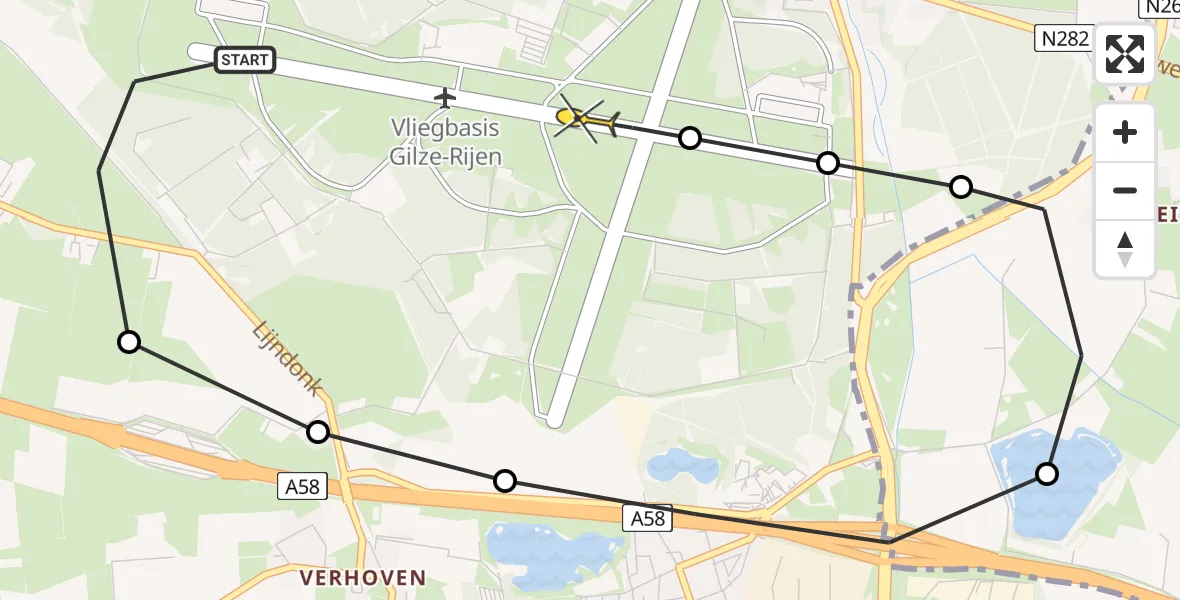 Routekaart van de vlucht: Politieheli naar Vliegbasis Gilze-Rijen