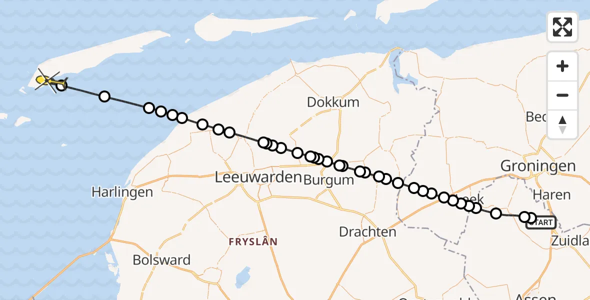 Routekaart van de vlucht: Lifeliner 4 naar West-Terschelling