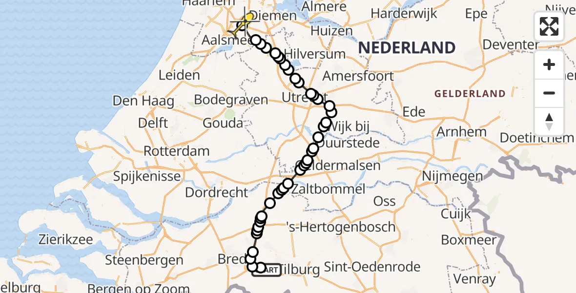 Routekaart van de vlucht: Politieheli naar Schiphol