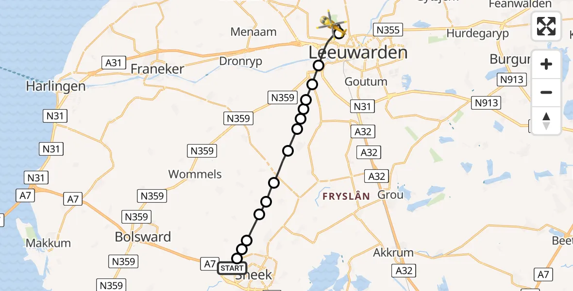 Vluchtroute Ambulancehelikopter van Ysbrechtum naar Vliegbasis Leeuwarden