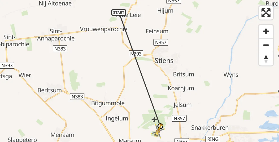 Vluchtroute Ambulancehelikopter Oudebildtzijl - Vliegbasis Leeuwarden, 12 december 2023, 06:03