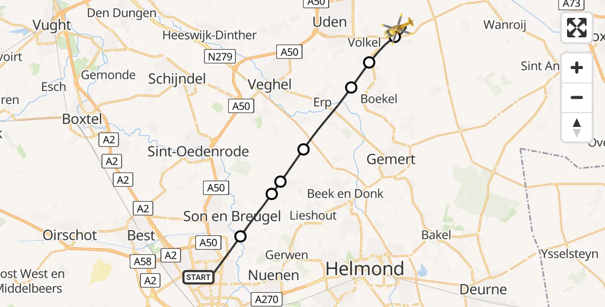 Vluchtroute Traumahelikopter van Eindhoven naar Vliegbasis Volkel