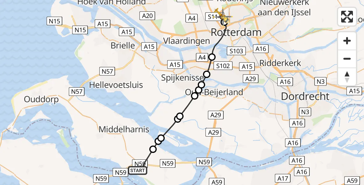 Vluchtroute Traumahelikopter Oude-Tonge - Rotterdam The Hague Airport, 12 december 2023, 09:22
