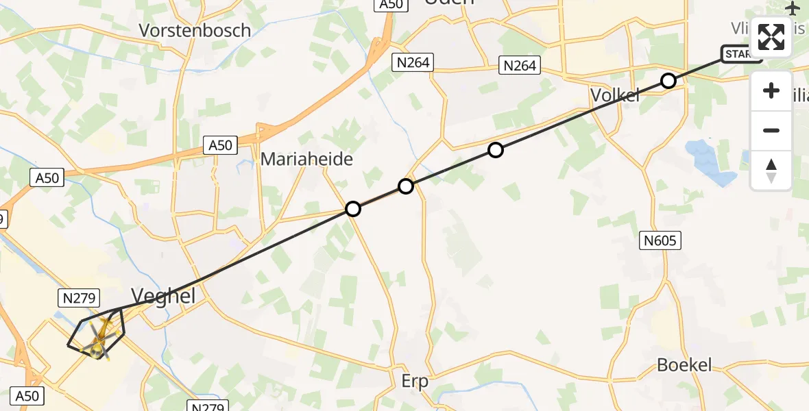 Vluchtroute Traumahelikopter van Vliegbasis Volkel naar Veghel