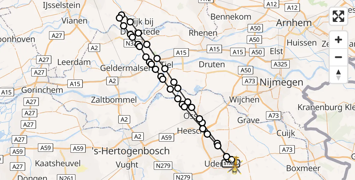 Vluchtroute Traumahelikopter van Vliegbasis Volkel naar Vliegbasis Volkel