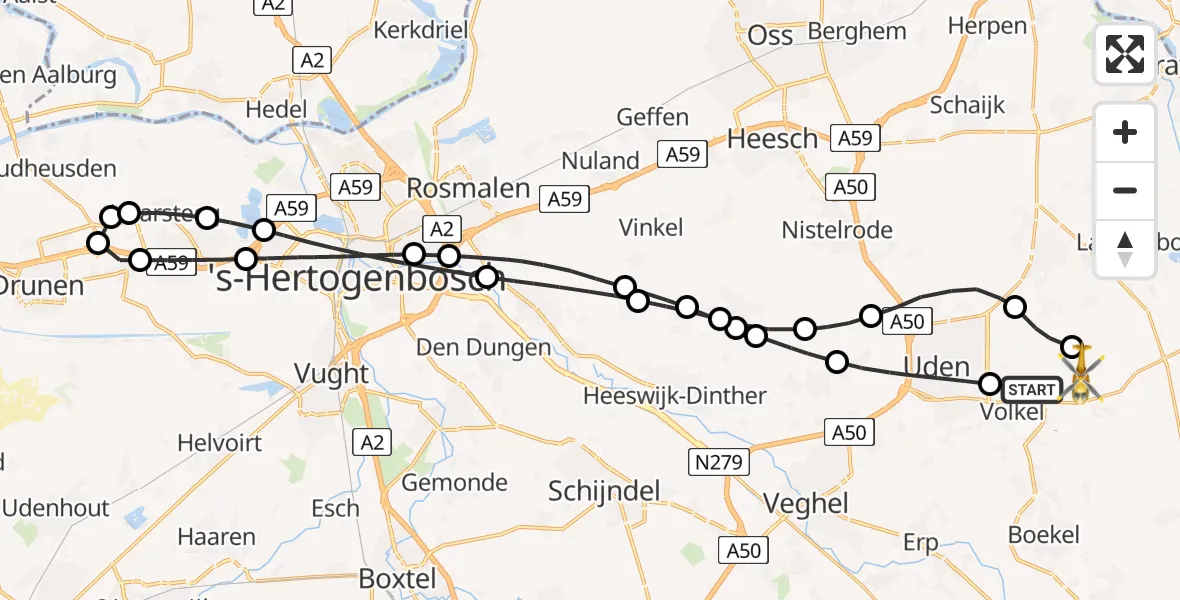 Vluchtroute Traumahelikopter van Volkel naar Vliegbasis Volkel