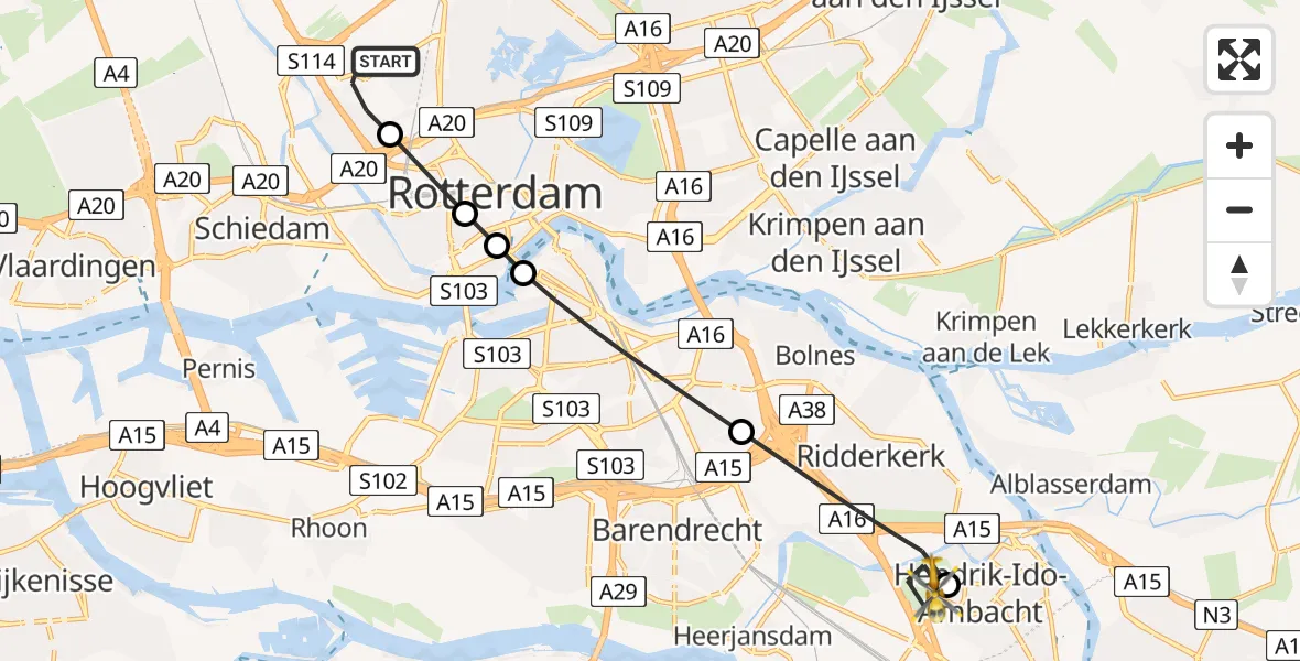 Vluchtroute Traumahelikopter Rotterdam The Hague Airport - Hendrik-Ido-Ambacht, 12 december 2023, 17:56
