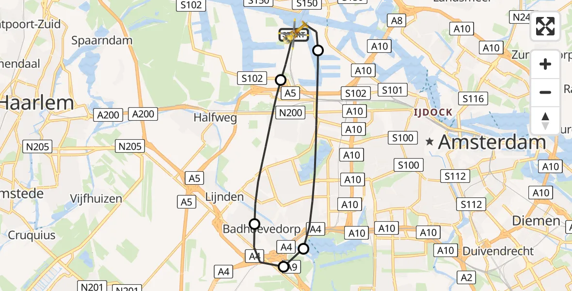 Vluchtroute Traumahelikopter Amsterdam Heliport - Amsterdam Heliport, 12 december 2023, 21:35