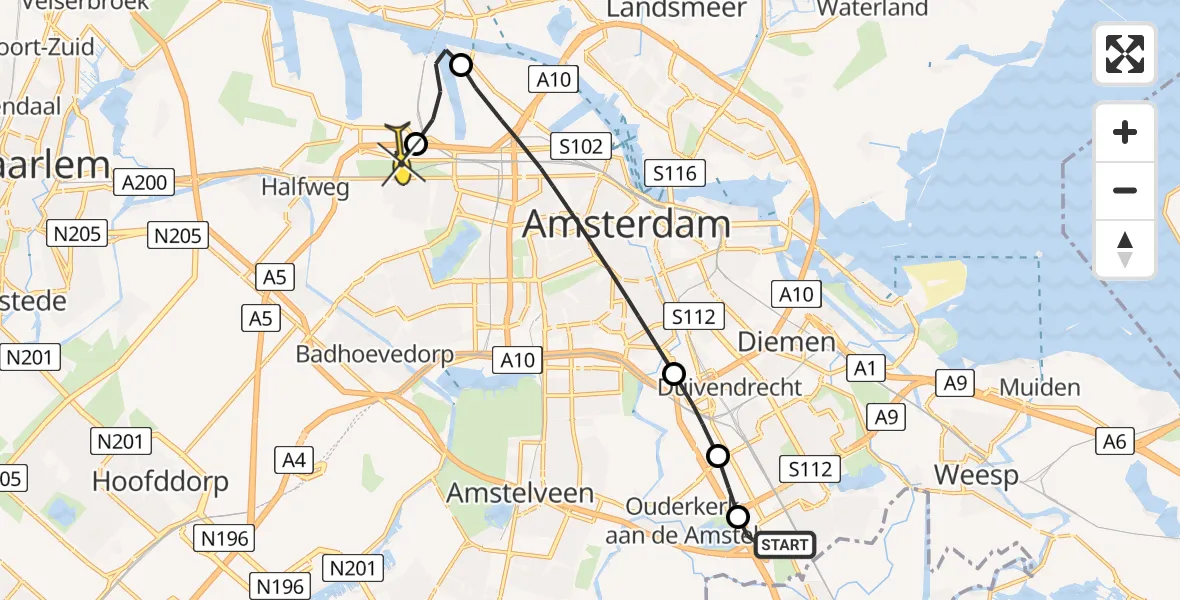 Routekaart van de vlucht: Lifeliner 1 naar Amsterdam