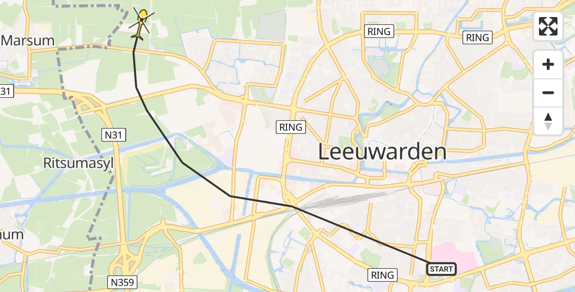 Vluchtroute Ambulancehelikopter van Leeuwarden naar Leeuwarden