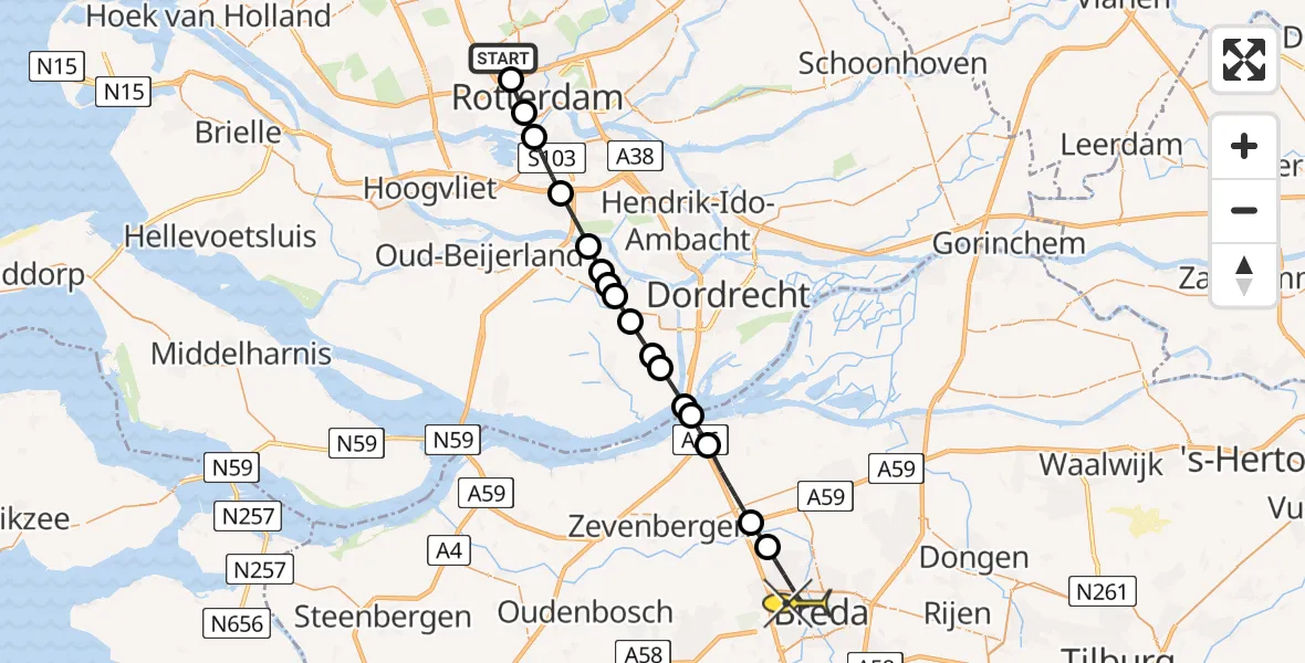 Routekaart van de vlucht: Lifeliner 2 naar Breda