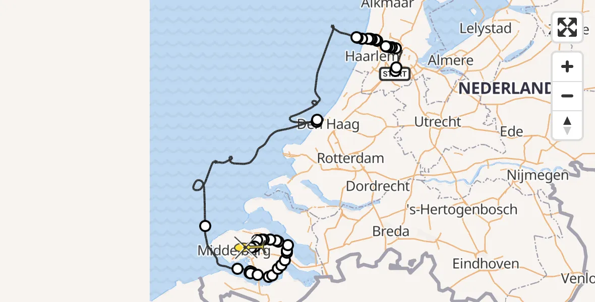 Routekaart van de vlucht: Politieheli naar Vliegveld Midden-Zeeland