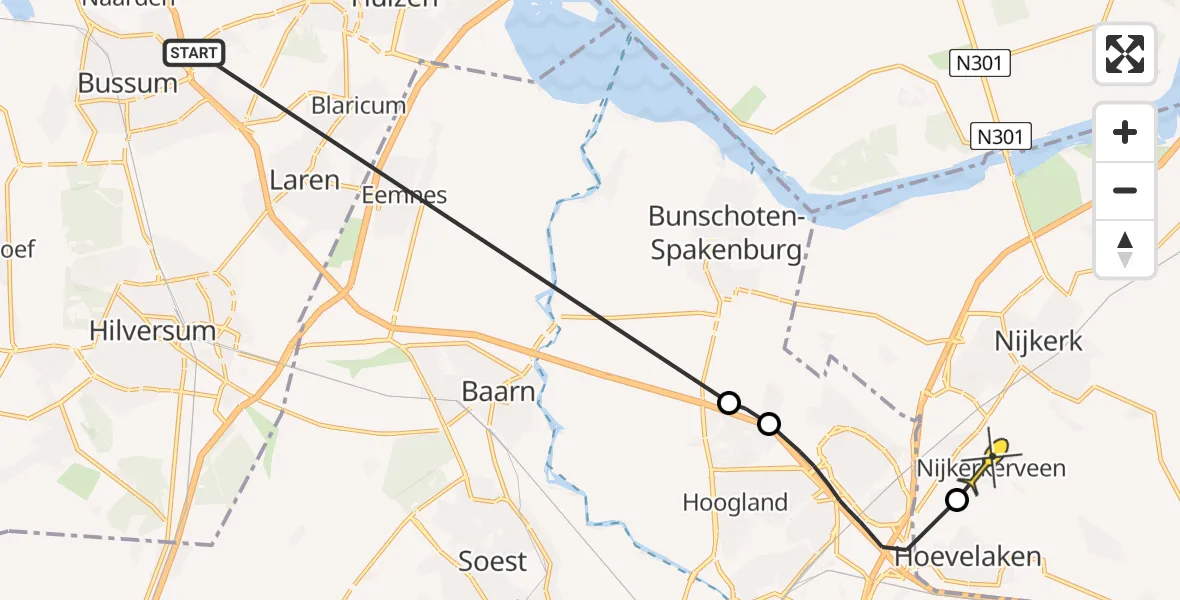 Routekaart van de vlucht: Politieheli naar Nijkerkerveen