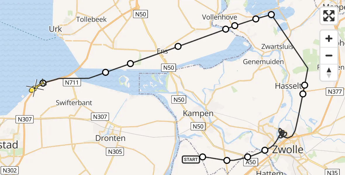 Routekaart van de vlucht: Politieheli naar Lelystad