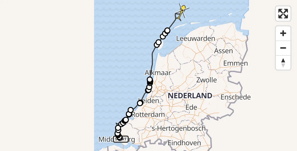 Vluchtroute Politiehelikopter van Vliegveld Midden-Zeeland naar 