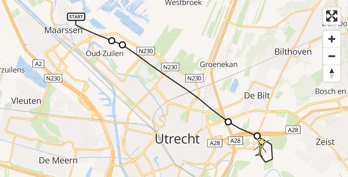 Routekaart van de vlucht: Lifeliner 3 naar Universitair Medisch Centrum Utrecht