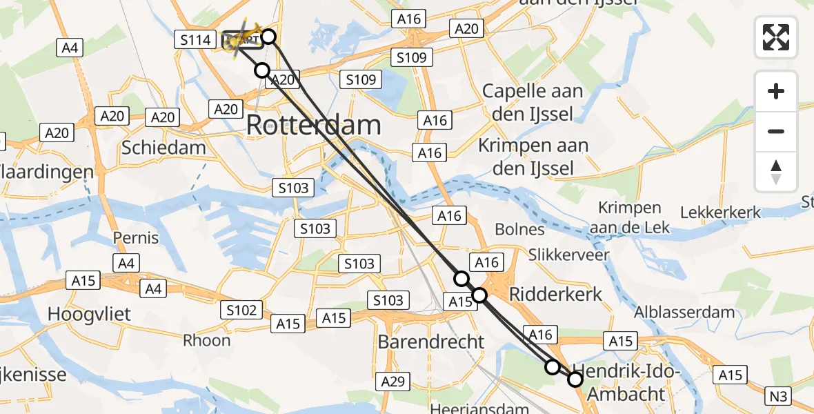 Vluchtroute Traumahelikopter Rotterdam The Hague Airport - Rotterdam The Hague Airport, 14 december 2023, 12:36
