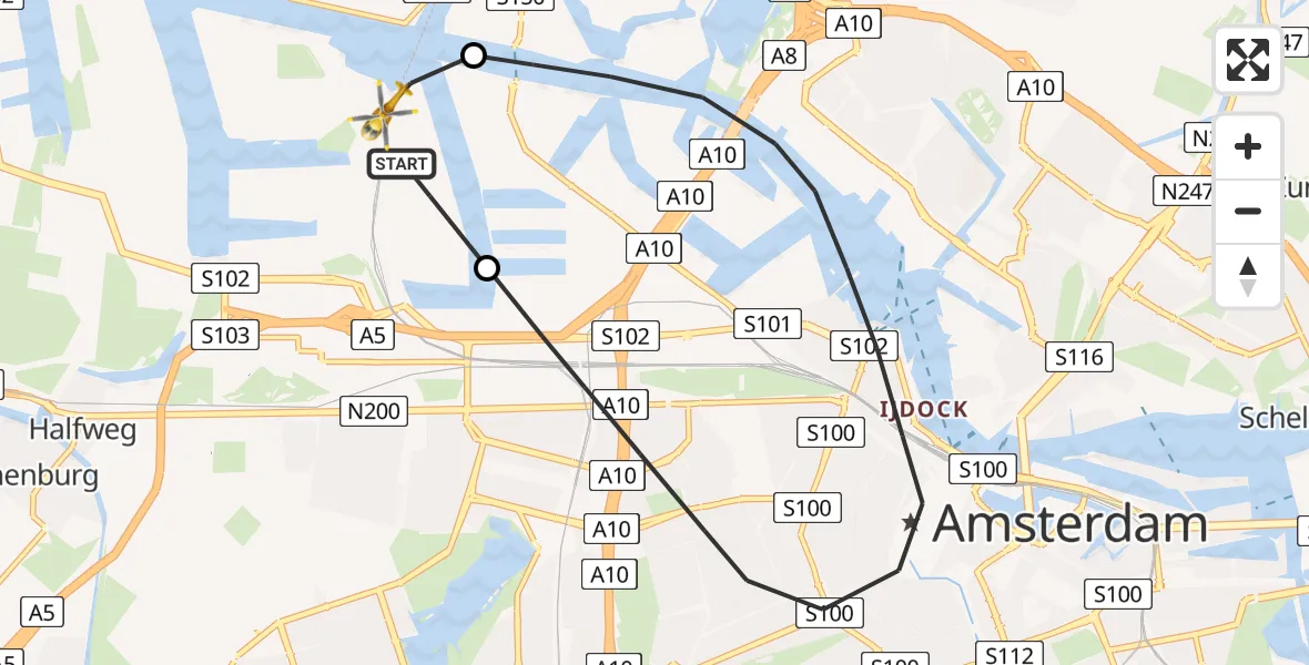 Vluchtroute Traumahelikopter Amsterdam Heliport - Amsterdam Heliport, 14 december 2023, 13:19