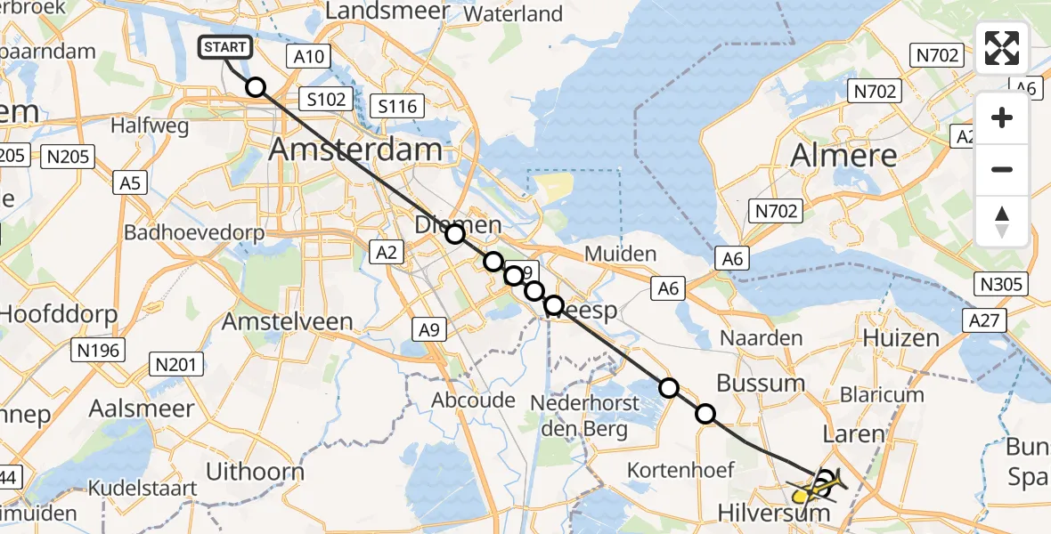 Routekaart van de vlucht: Lifeliner 1 naar Hilversum