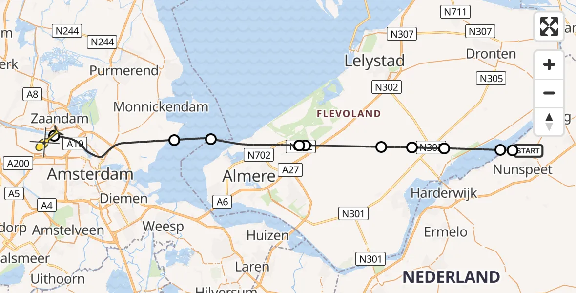 Routekaart van de vlucht: Lifeliner 1 naar Amsterdam Heliport