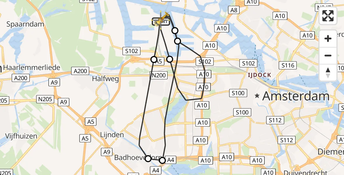 Vluchtroute Traumahelikopter Amsterdam Heliport - Amsterdam Heliport, 15 december 2023, 07:39