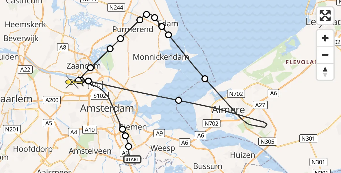 Routekaart van de vlucht: Lifeliner 1 naar Amsterdam Heliport