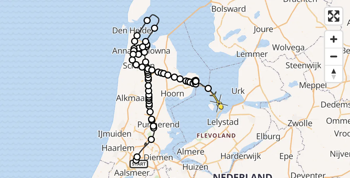 Routekaart van de vlucht: Politieheli naar Lelystad